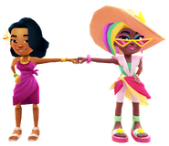 Berta in her Summer Eleganza Outfit fist bumping Noon in her Pink Outfit