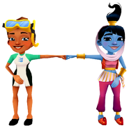 Kim in her Dive Outfit fist bumping Amira in her Genie Outfit