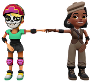Olivia in her Derby Macabre Outfit fist bumping Alia in her Sneaky Blinders Outfit