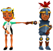Kim in her Dive Outfit fist bumping Wayne in his Knight Outfit