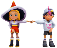 Freya in her Winter Magic Outfit fist bumping Alexandre in his Stan Outfit