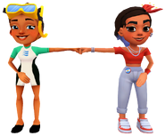 Kim in her Dive Outfit fist bumping Rosa in her Ceibo Outfit