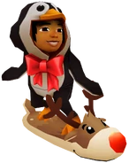 Malik in his Penguin Outfit surfing on Rudy
