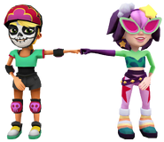 Olivia in her Derby Macabre Outfit fist bumping Ji-Yeong in her Celestial Outfit