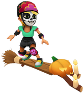 Olivia in her Derby Macabre Outfit surfing on Hexed