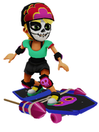 Olivia in her Derby Macabre Outfit surfing on the Torito Board