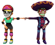 Olivia in her Derby Macabre Outfit fist bumping Manny in his Mariachi Outfit