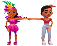 Carmen in her Shake Outfit fist bumping Rosa in her Ceibo Outfit