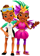 Kim in her Dive Outfit and Carmen in her Shake Outfit side hugging