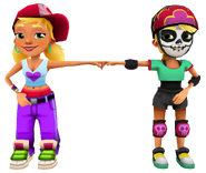 Olivia in her Derby Macabre Outfit fist bumping Tricky in her Heart Outfit