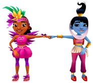 Carmen in her Shake Outfit fist bumping Amira in her Genie Outfit