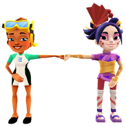 Kim in her Dive Outfit fist bumping Song Yi in her Golden Crush Outfit