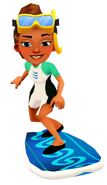 Kim in her Dive Outfit surfing on Wave Rider