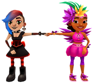 Lucy in her Goth Outfit fist bumping Carmen in her Shake Outfit