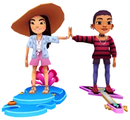Mei surfing on Coral high fiving Nina surfing on Rockstar