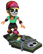 Olivia in her Derby Macabre Outfit surfing on Casket