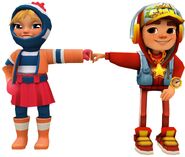 Jake in his Star Outfit fist bumping Clementine in her Frosty Outfit