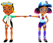 Kim in her Dive Outfit fist bumping Jenny in her Pixel Outfit
