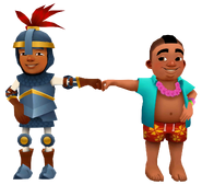 Wayne in his Knight Outfit fist bumping Izzy in his Aloha Outfit