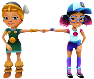 Freya in her Viking Outfit fist bumping Jenny in her Pixel Outfit