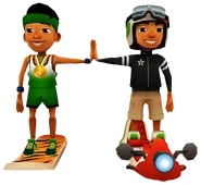 Jayandrobertosurfingonboardshighfiving.png (696 KB) Jay surfing on Bengal high fiving Roberto surfing on Scoot
