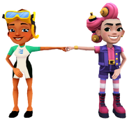Kim in her Dive Outfit fist bumping Cleo in her Heart Breaker Outfit