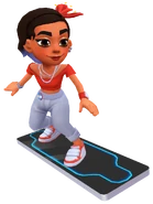 Rosa in her Ceibo Outfit surfing on Future Wave