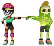 Olivia in her Derby Macabre Outfit fist bumping Bob The Blob in their Slime Outfit