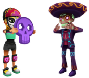 Olivia in her Derby Macabre Outfit giving a sugar skull to Manny in his Mariachi Outfit