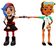 Kim in her Dive Outfit fist bumping Lucy in her Goth Outfit