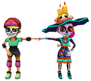 Olivia in her Derby Macabre Outfit fist bumping Scarlett in her Catrina Outfit