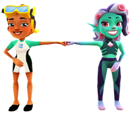 Kim in her Dive Outfit fist bumping Koral in her Tenta-Queen Outfit