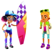 Jenny in her Pixel Outfit giving Retro Wave to Nick in his Neon Outfit