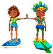Kim surfing on Wave Rider high fiving Carmen surfing on Birdie