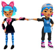 Harumi in her Meow Outfit fist bumping Maeko in her Street Outfit