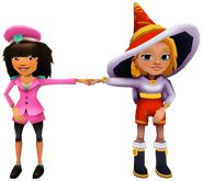 Freya in her Winter Magic Outfit fist bumping Mina in her Pop Outfit