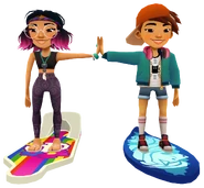 Jenny surfing on Groovy high fiving Jia surfing on Lion