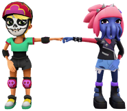 Olivia in her Derby Macabre Outfit fist bumping Cathy in her Visual Kei Outfit