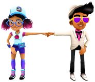 Jenny in her Pixel Outfit fist bumping Rex in his Win Outfit