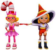 Elf Tricky in her Candy Outfit fist bumping Freya in her Winter Magic Outfit