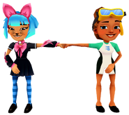 Kim in her Dive Outfit fist bumping Harumi in her Meow Outfit