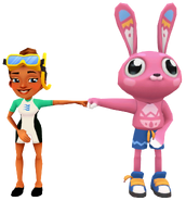 Kim in her Dive Outfit fist bumping George in his Eggstravaganza Outfit