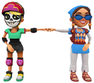 Olivia in her Derby Macabre Outfit fist bumping Mala in her Miss Mosaic Outfit