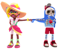 Berta in her Summer Eleganza Outfit fist bumping Bob The Blob in their Jingle Outfit