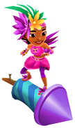 Carmen in her Shake Outfit surfing on Rocket