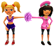 Mina in her Pop Outfit fist bumping Tasha in her Cheer Outfit