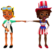 Kim in her Dive Outfit fist bumping Lauren in her Tally Outfit