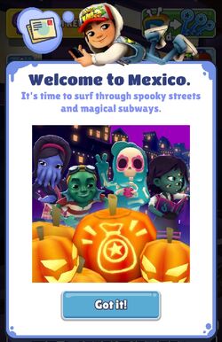Welcome to World Tour Mexico! 🎃 Team up with the new fan-made surfer, Bob  the Blob (they/them). 💀🧢 Also, there's a special welcome message and gift  waiting for you, so check your