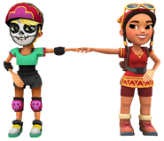 Olivia in her Derby Macabre Outfit fist bumping Mala in her Lunar Outfit