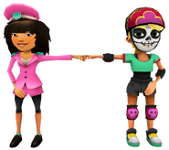 Olivia in her Derby Macabre Outfit fist bumping Mina in her Pop Outfit